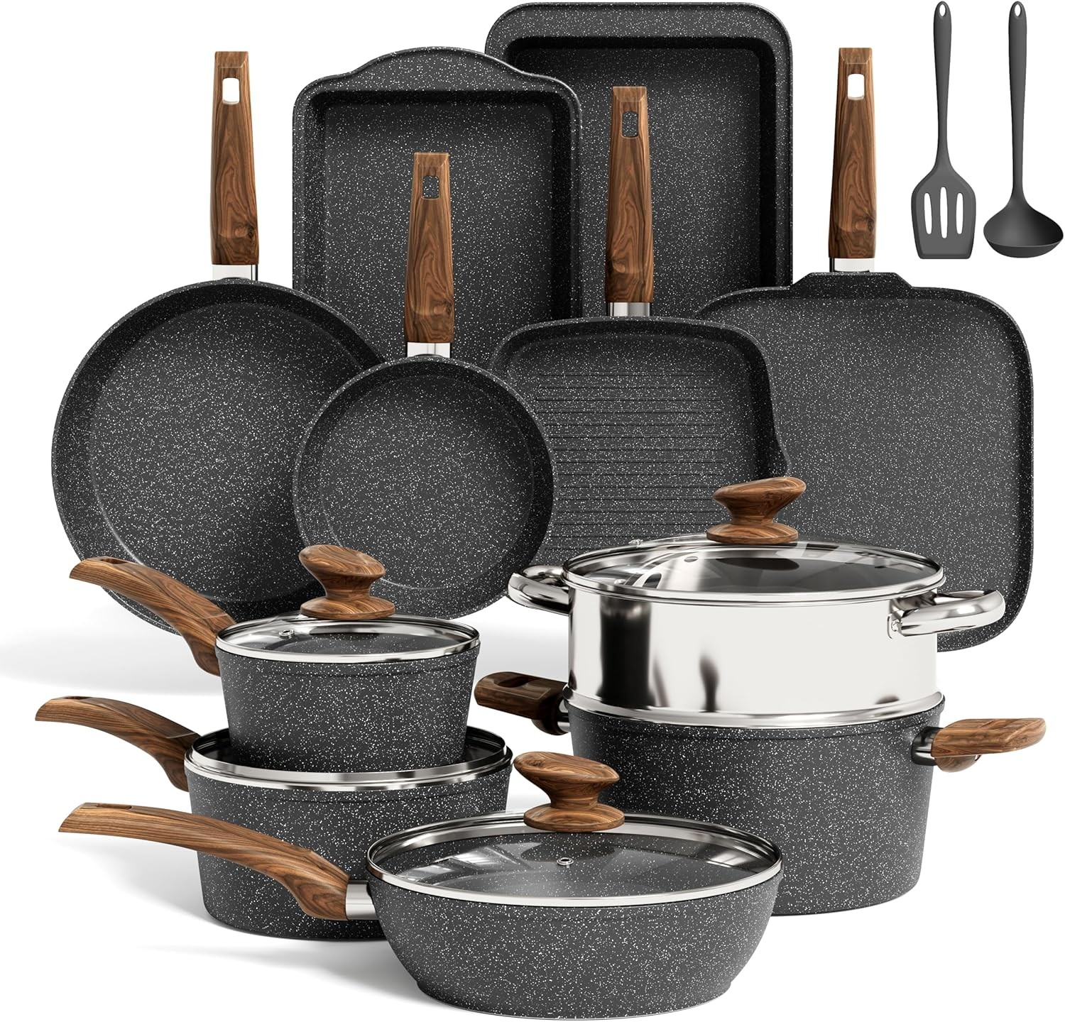 New Cookware Set-17 Piece Non-Stick Cooking Pan Set, Black Granite Pots and Pans