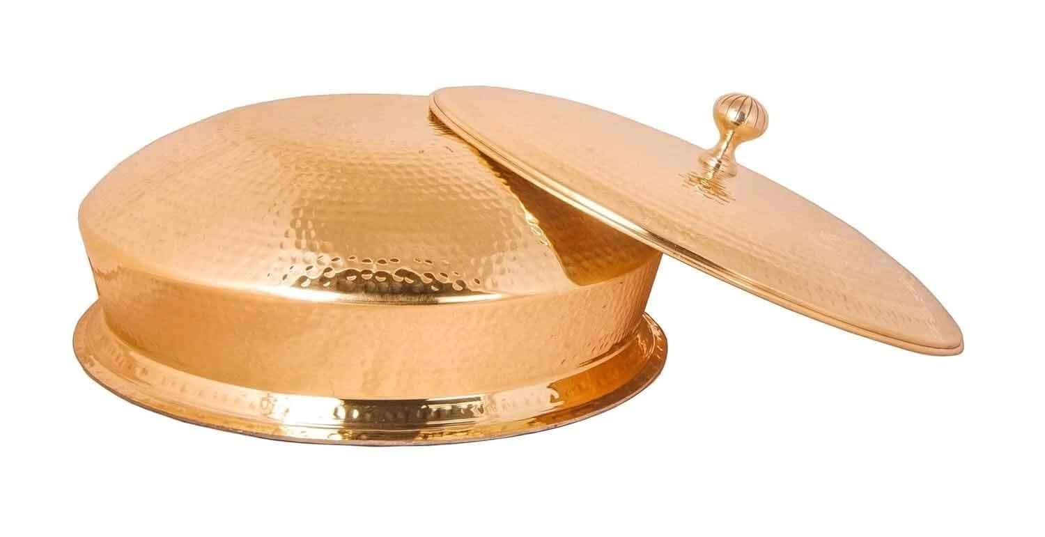 3.5 Litre Brass Lagan Handi with Lid Hammered Finish Round Inside Tin Lining