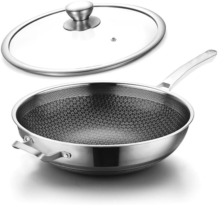 14-INCH WOK PAN HYBRID NON-STICK Stainless Steel Large Deep Woks Stir-Fry Pans