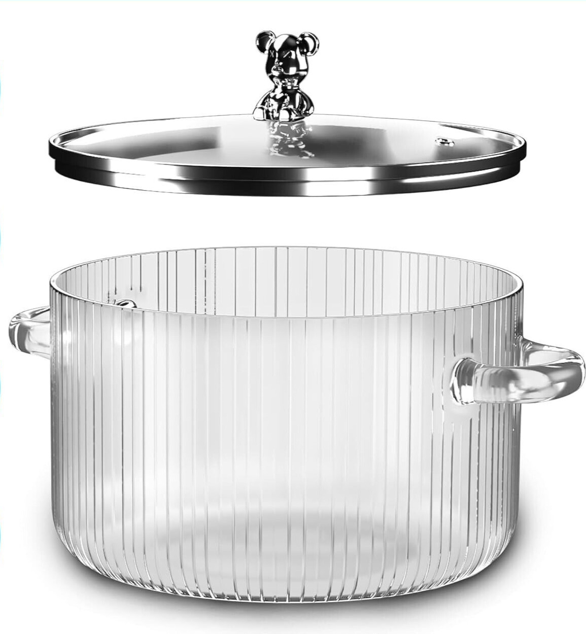Borosilicate Clear Glass Simmer Pot Bear Handle Lid 1.6L 54 oz Cooking Stove New