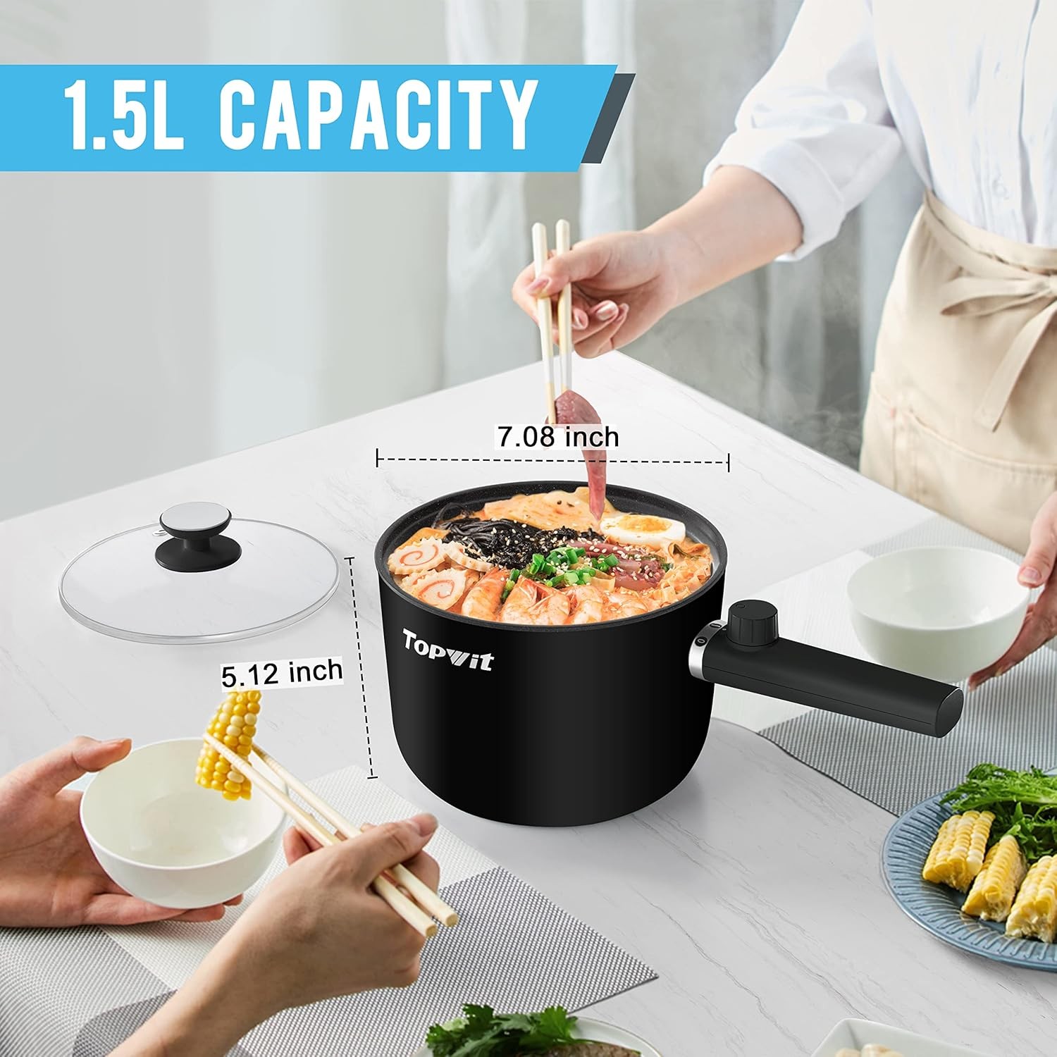 Hot Pot Electric 1.5L Ramen Cooker Portable Non-Stick Frying Pan Black