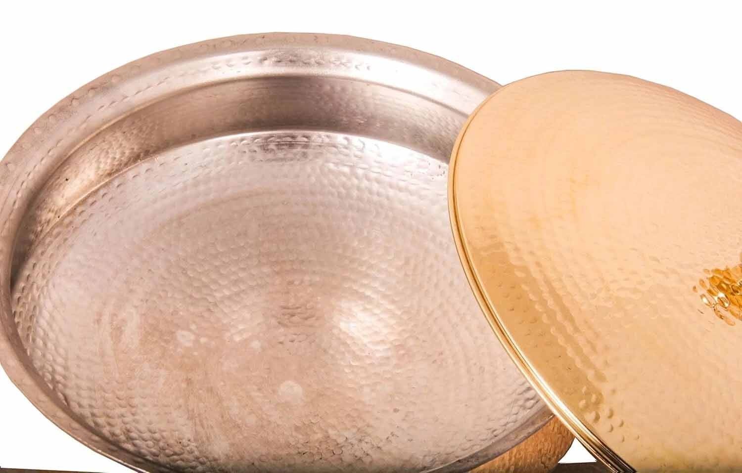 3.5 Litre Brass Lagan Handi with Lid Hammered Finish Round Inside Tin Lining