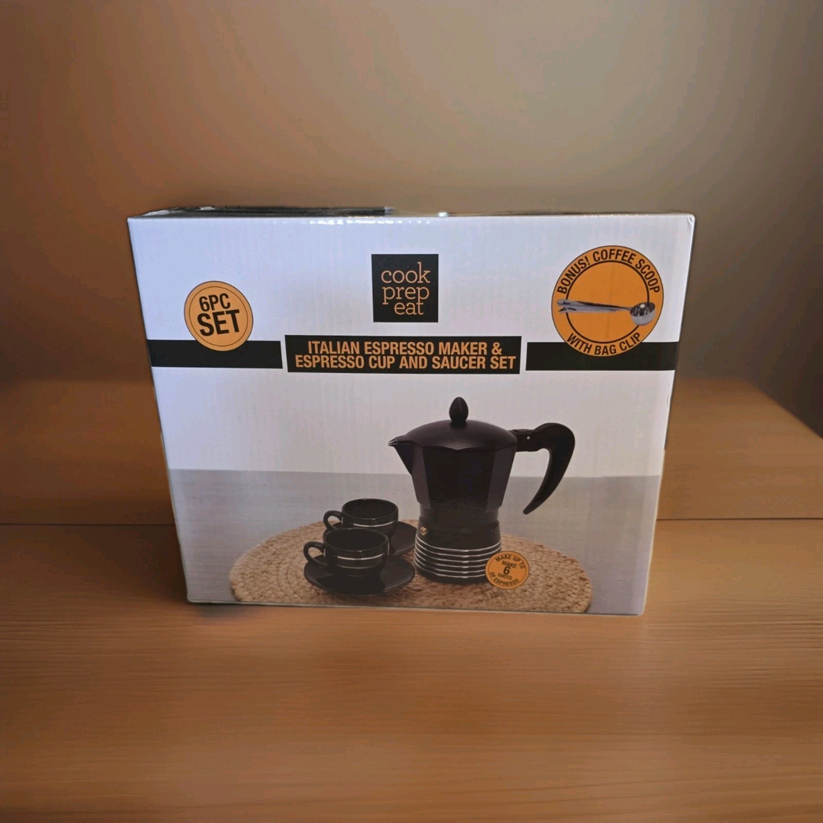 Italian Espresso Maker 6 Cup Set w Cups Saucers Scoop Moka Pot