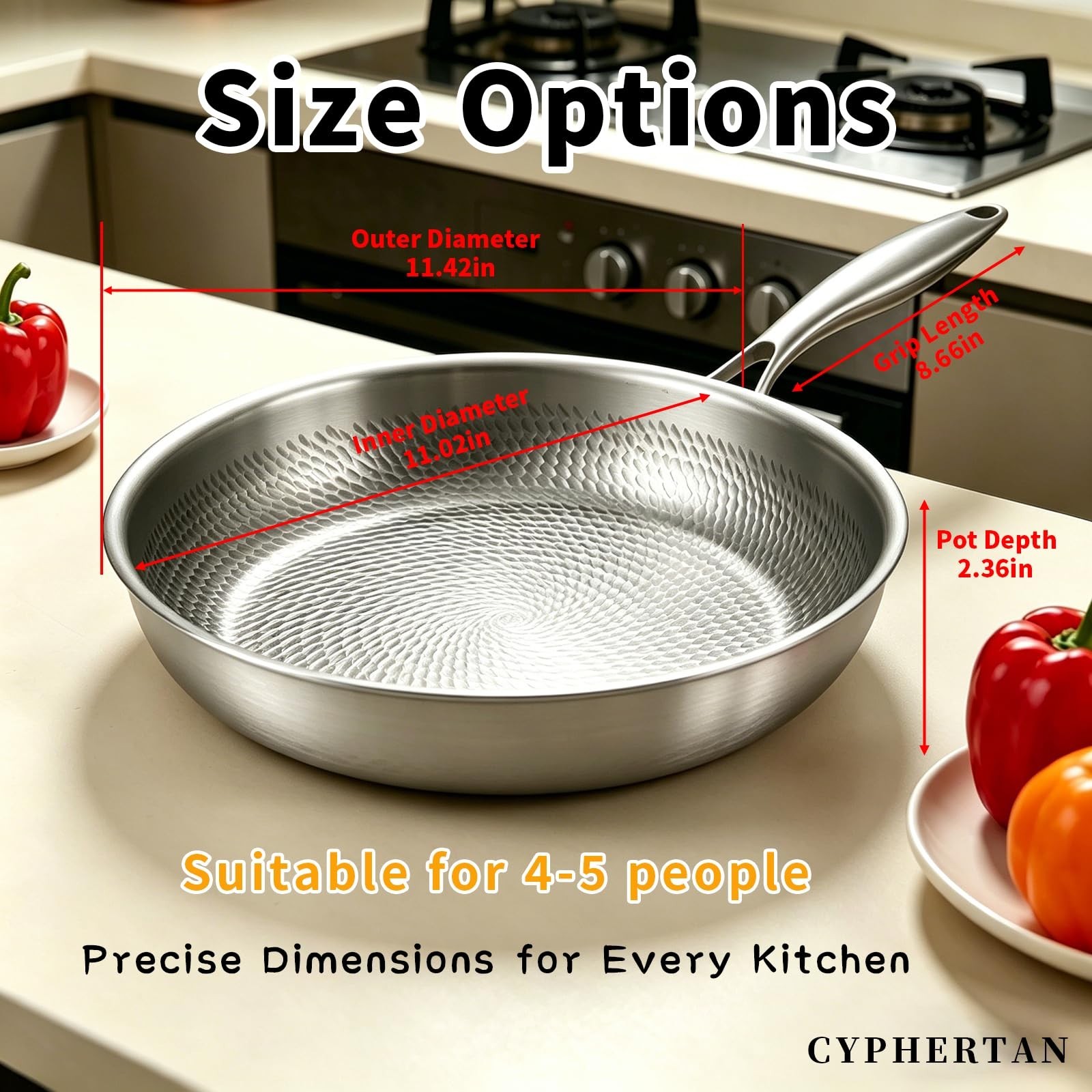 11″ Titanium Frying Pan with Lid – Uncoated Hammered Skillet, Scratch-Resistant,