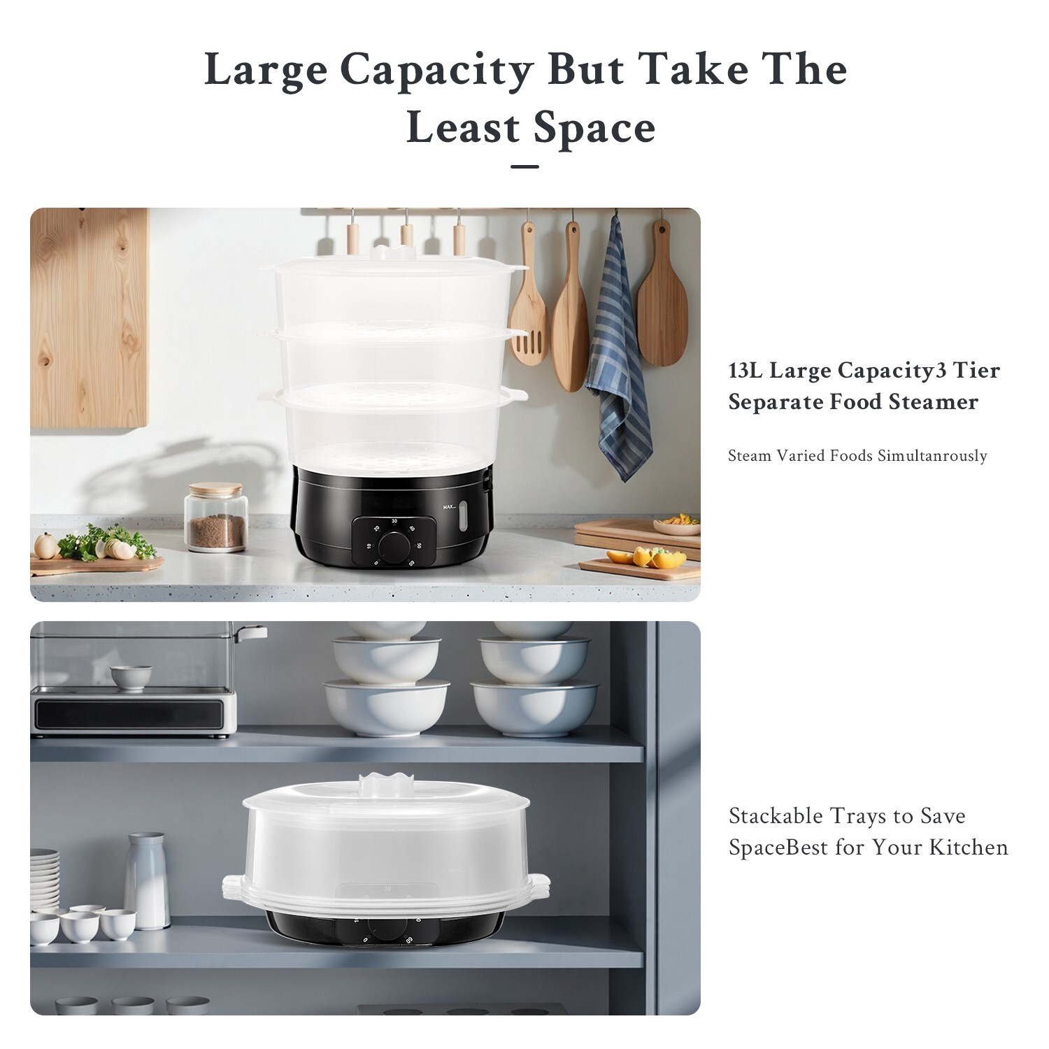 13.7QT Steamer, 3-Tier BPA-Free, 800W, 60-Min Timer, for Veggies & Rice