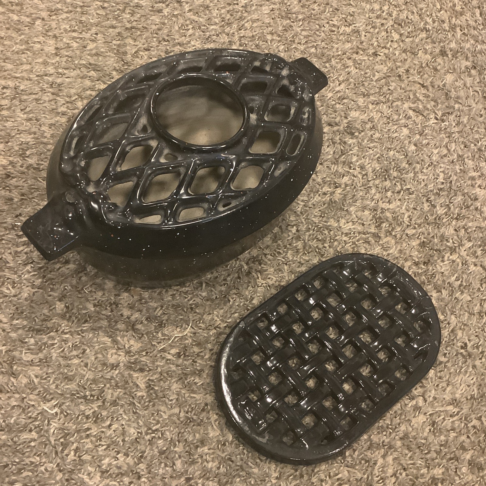 Vintage John Wright Cast Iron Oval Lattice Wood Stove Steamer Humidifier, Trivet
