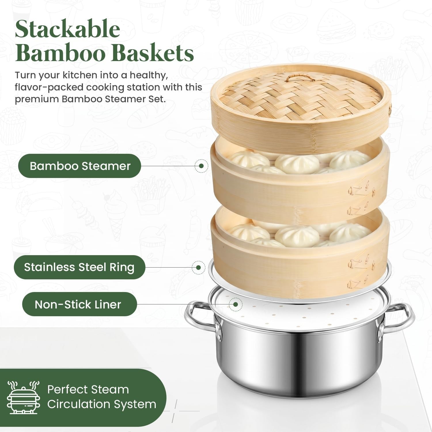 Lightweight Food Steamer Baskets Eco-Friendly Bamboo Steamer for Steaming