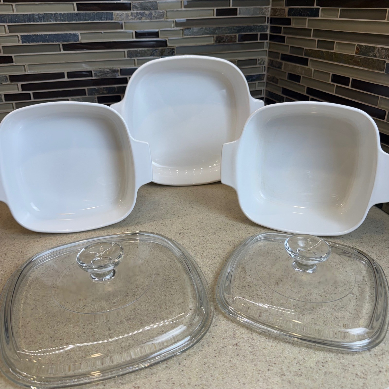 VTG Corning Ware Shadow Iris Casserole Dish 5pc Set w/ 2 Lids 1L, 1.5L, 2L