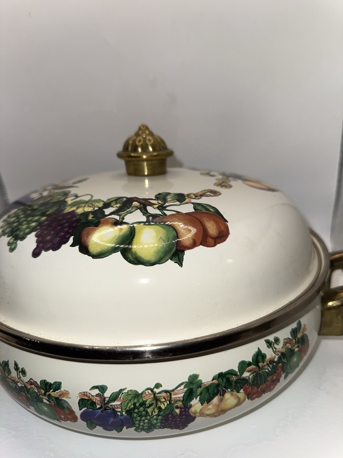 Vintage Fruit Motif Ceramic Casserole Dish Lid Brass Handles Oven Safe
