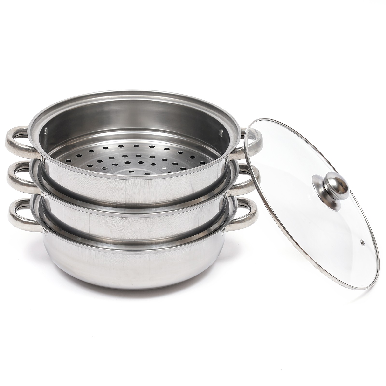 3 Tiers Stainless Steel Food Steamer Cooker Pot Vegetable Fish w/Glass Lid