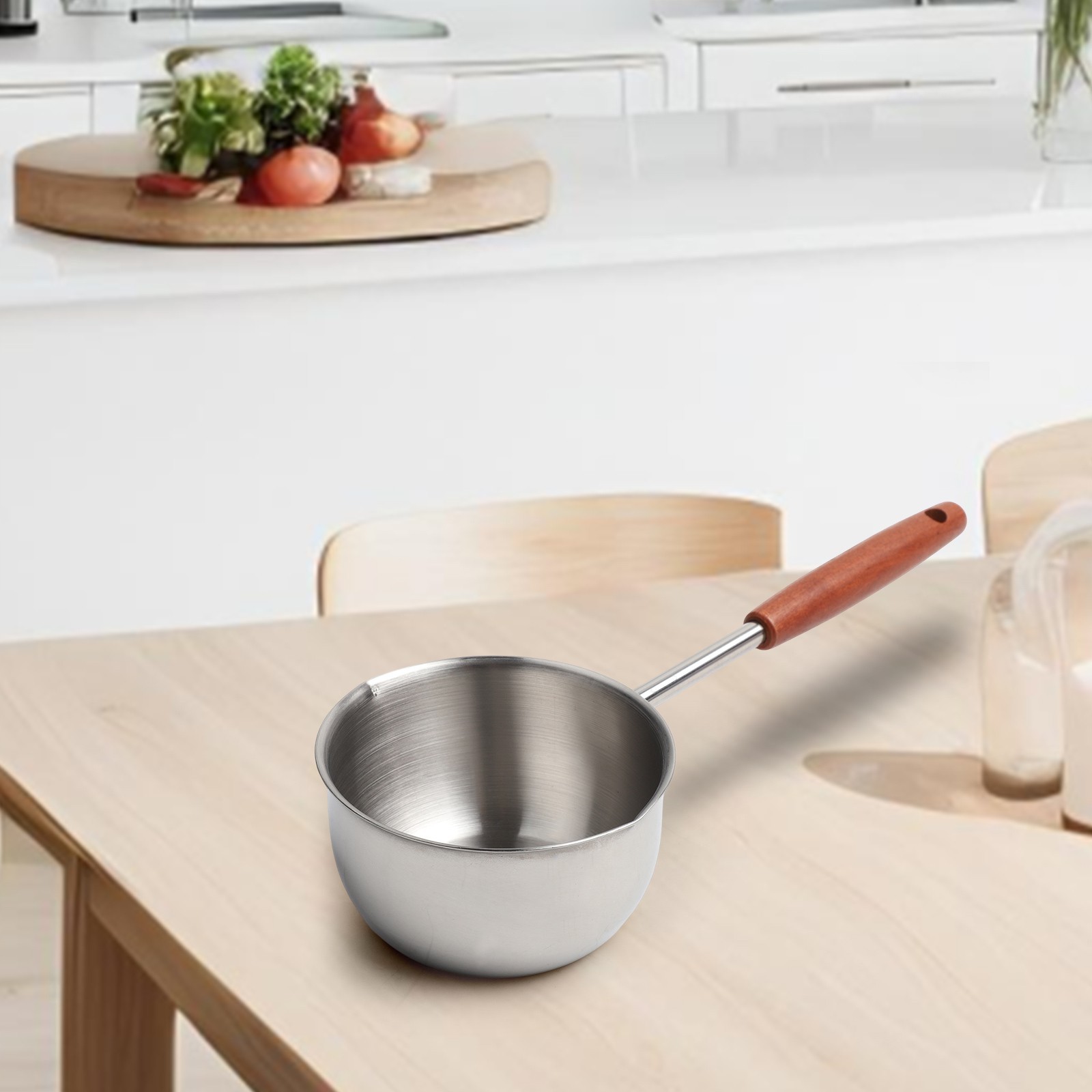 Compact 300ml Stainless Steel Frying Pan with Extended Wooden Handle Design