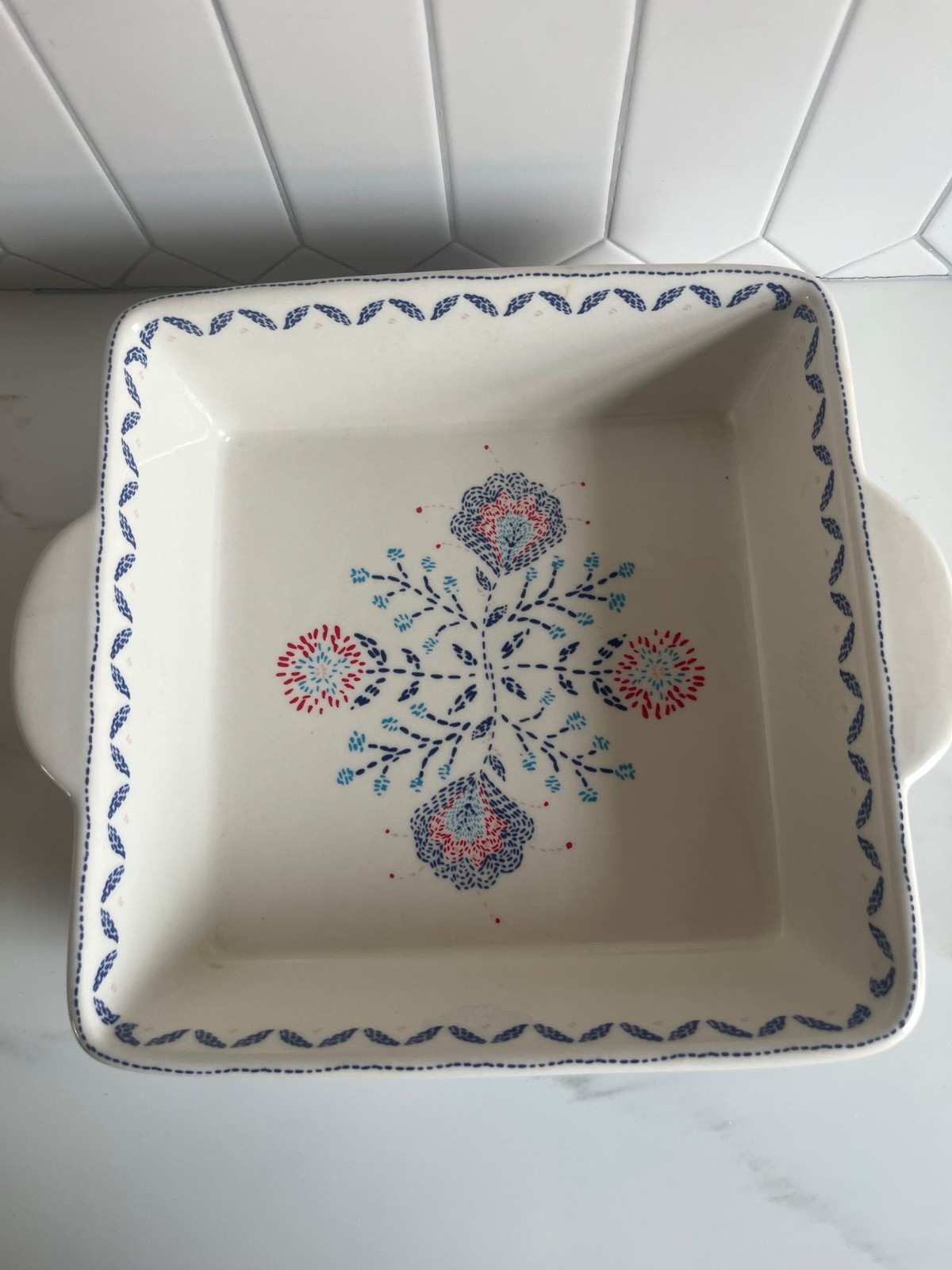 Stoneware Cream Pattern Navy Blue Red Floral Casserole Baking Dish Threshold 8”