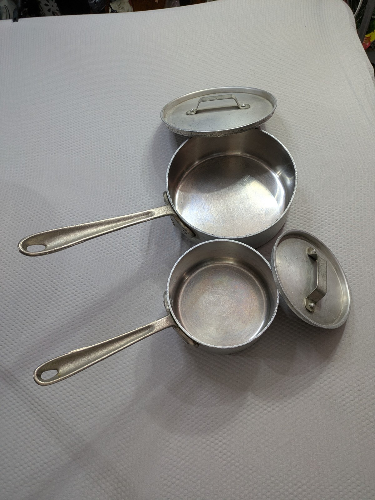 Vintage All Clad Master Chef Metal Crafters 201, 202 1/2 Sauce Pans USA W/lid
