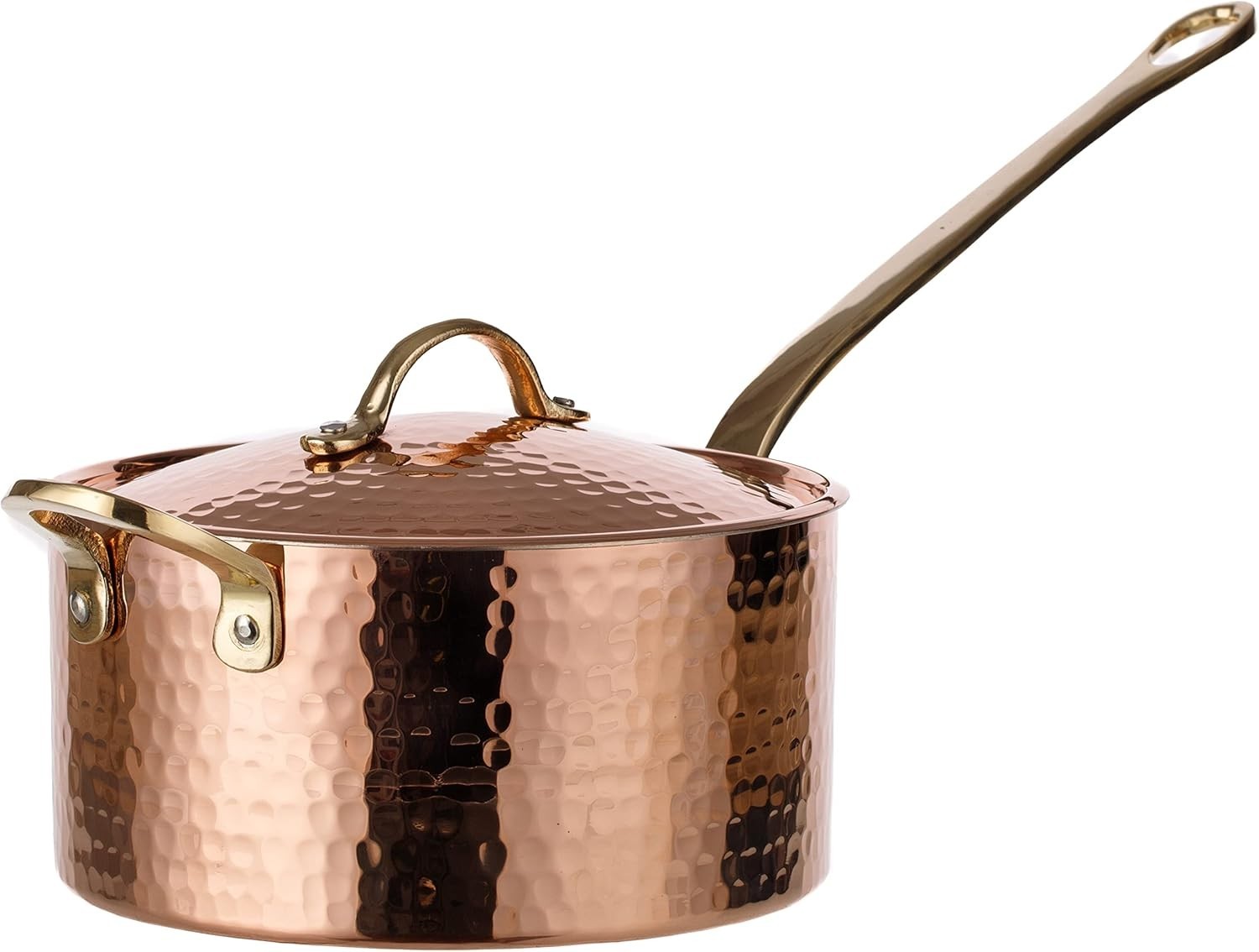 DEMMEX 1.2mm THICK HAMMERED COPPER SAUCEPAN, LID & HELPER HANDLE, TIN LINNED NEW