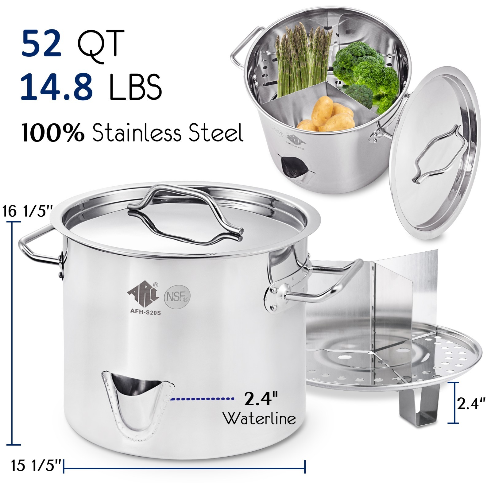 Stainless Steel Steamer Pot with Spout & Divider for Tamales, Seafood Crab Steam