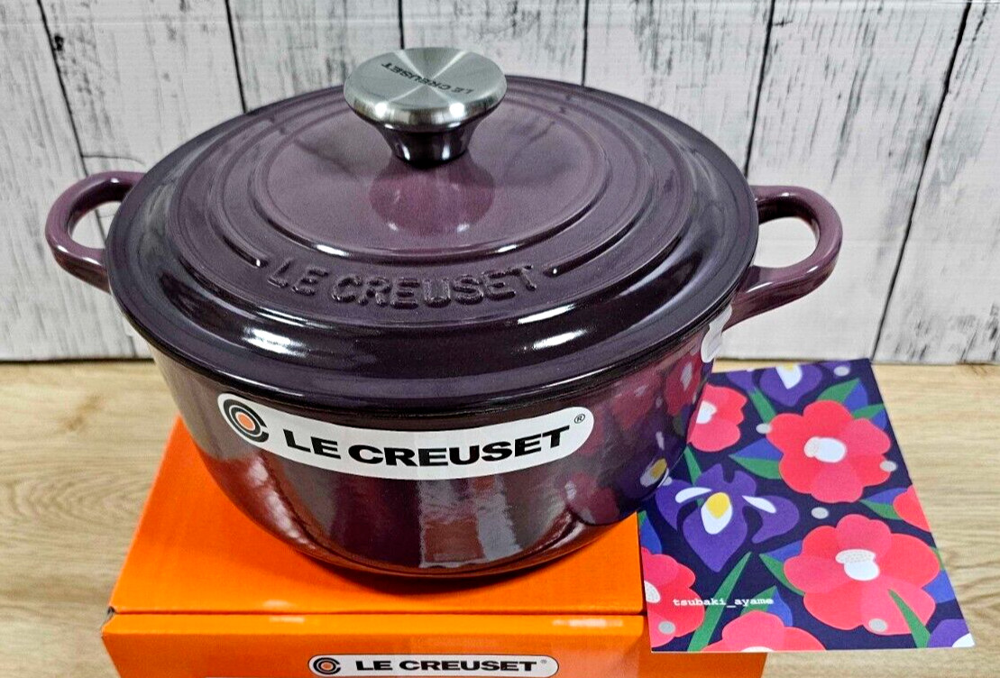 Le Creuset Cocotte Ronde 20cm 7-3/4″ 2-3/4 qt Fig Purple Silver Knob Cast Iron