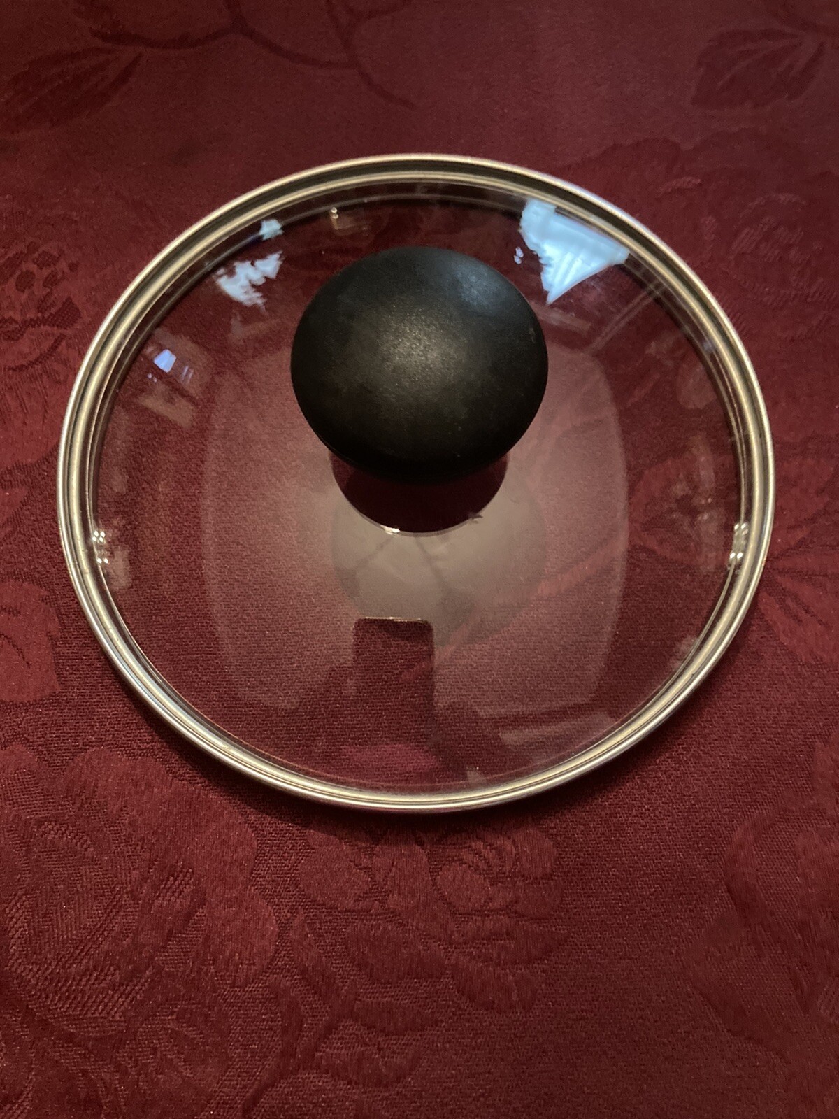 Clear Pot/Pan Lid with Black Knob & Metal Rim 6 1/4 from inner rim to rim