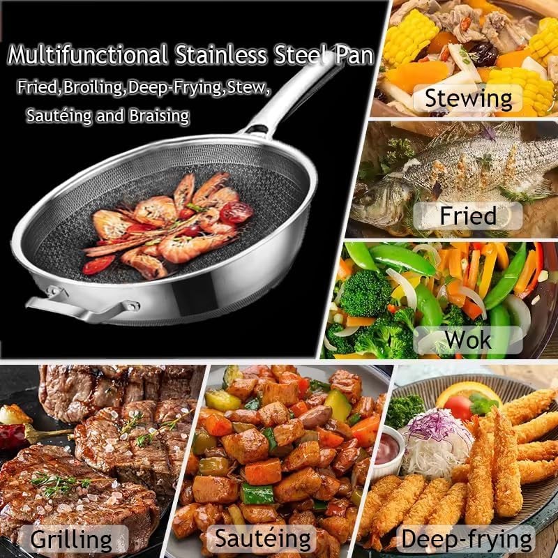 14-INCH WOK PAN HYBRID NON-STICK Stainless Steel Large Deep Woks Stir-Fry Pans