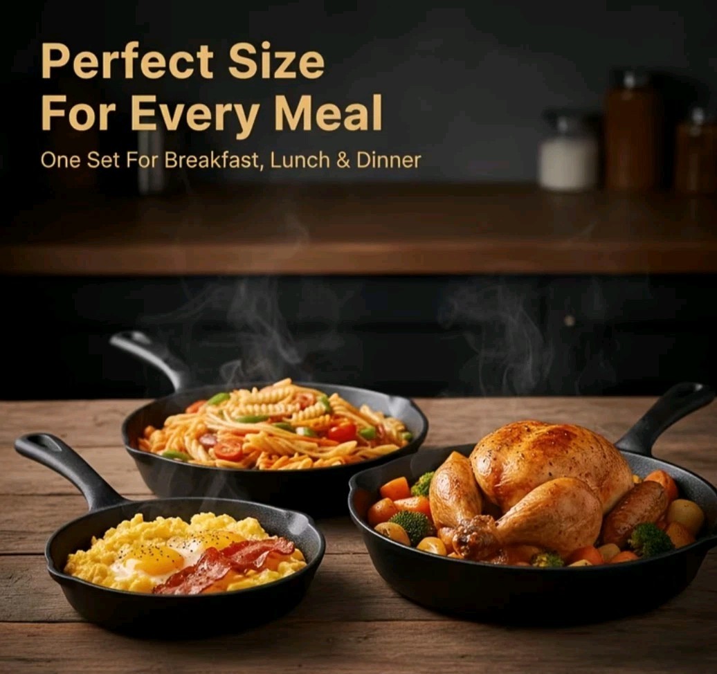 3pc CAST IRON Skillet Set, 6/8/10 inch Pre-Seasoned Pans, Black