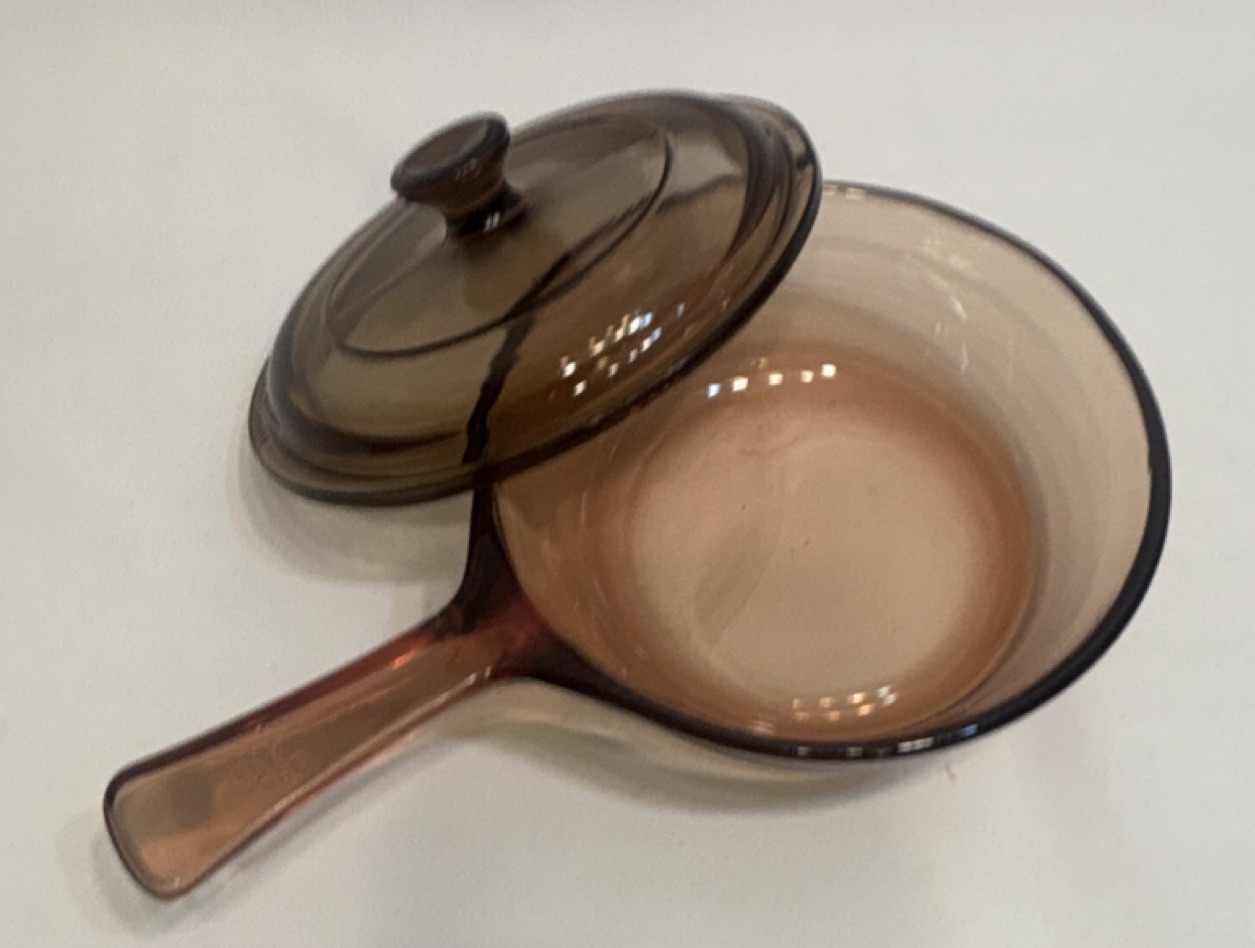 VISIONS Amber Brown Glass Saucepan w/ Lid 6 in, Electric Gas Compatible, France