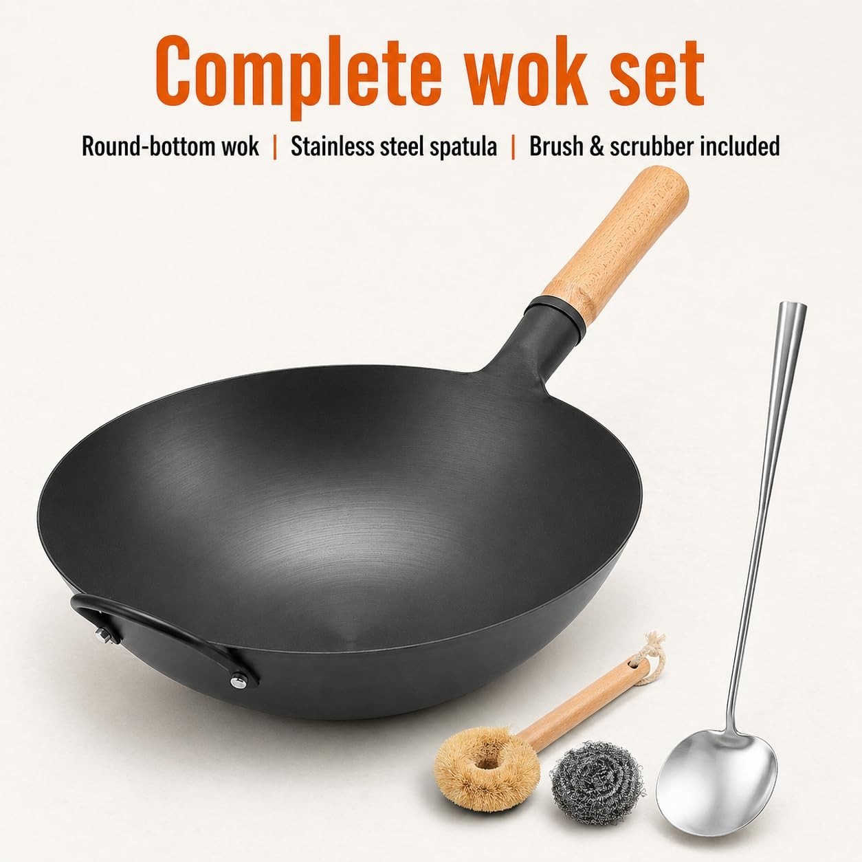 14.2″ Round Bottom Carbon Steel Wok – Nitrided Iron Stir Fry Pan, Wooden Handle,