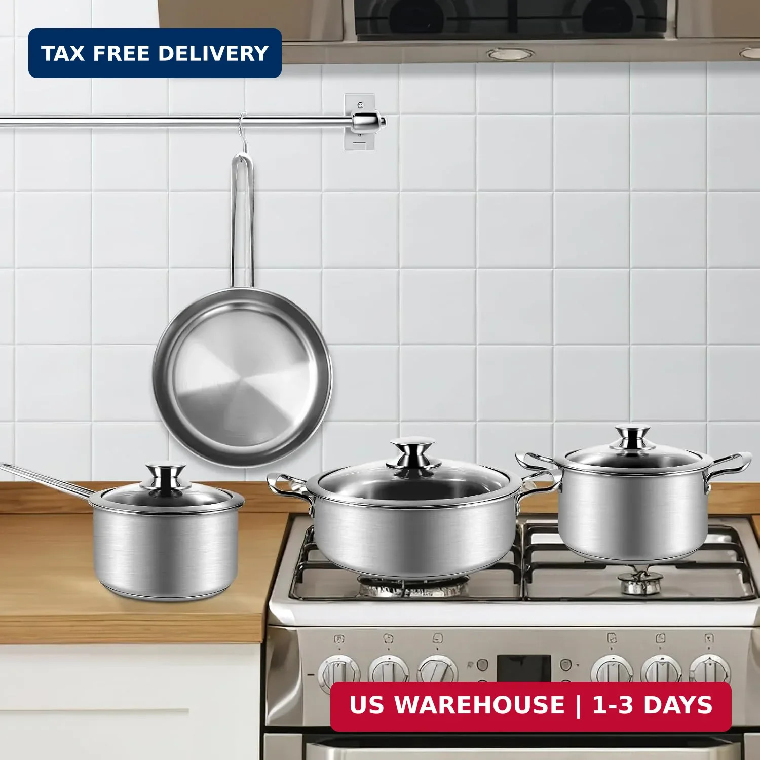 Stainless Steel Pots and Pans Set, 7-Piece Kitchen Cookware Sets with Glass Lids