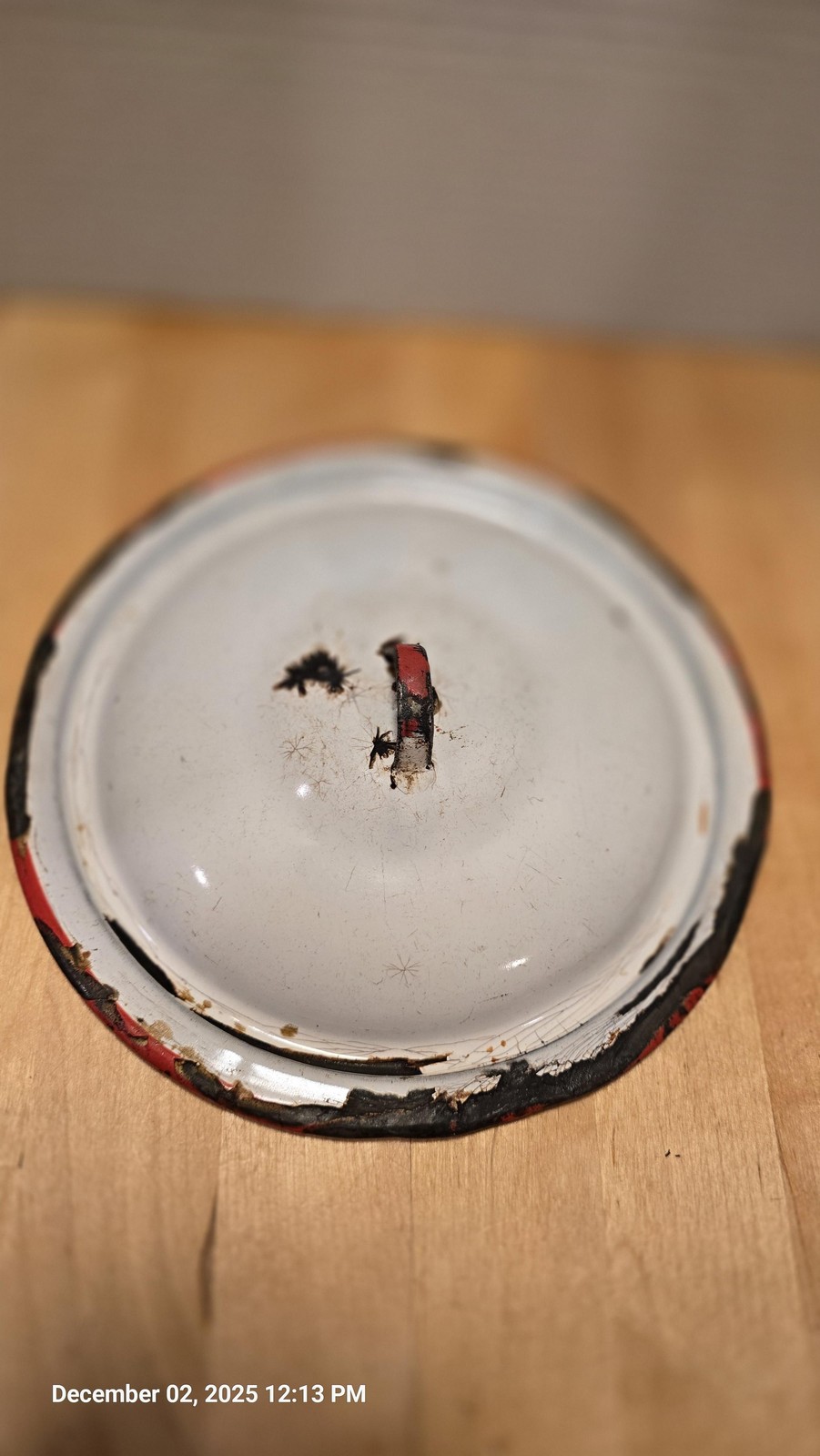 Vintage Enamelware Lid White Red Black Rustic Primitive Farmhouse Decor Kitchen