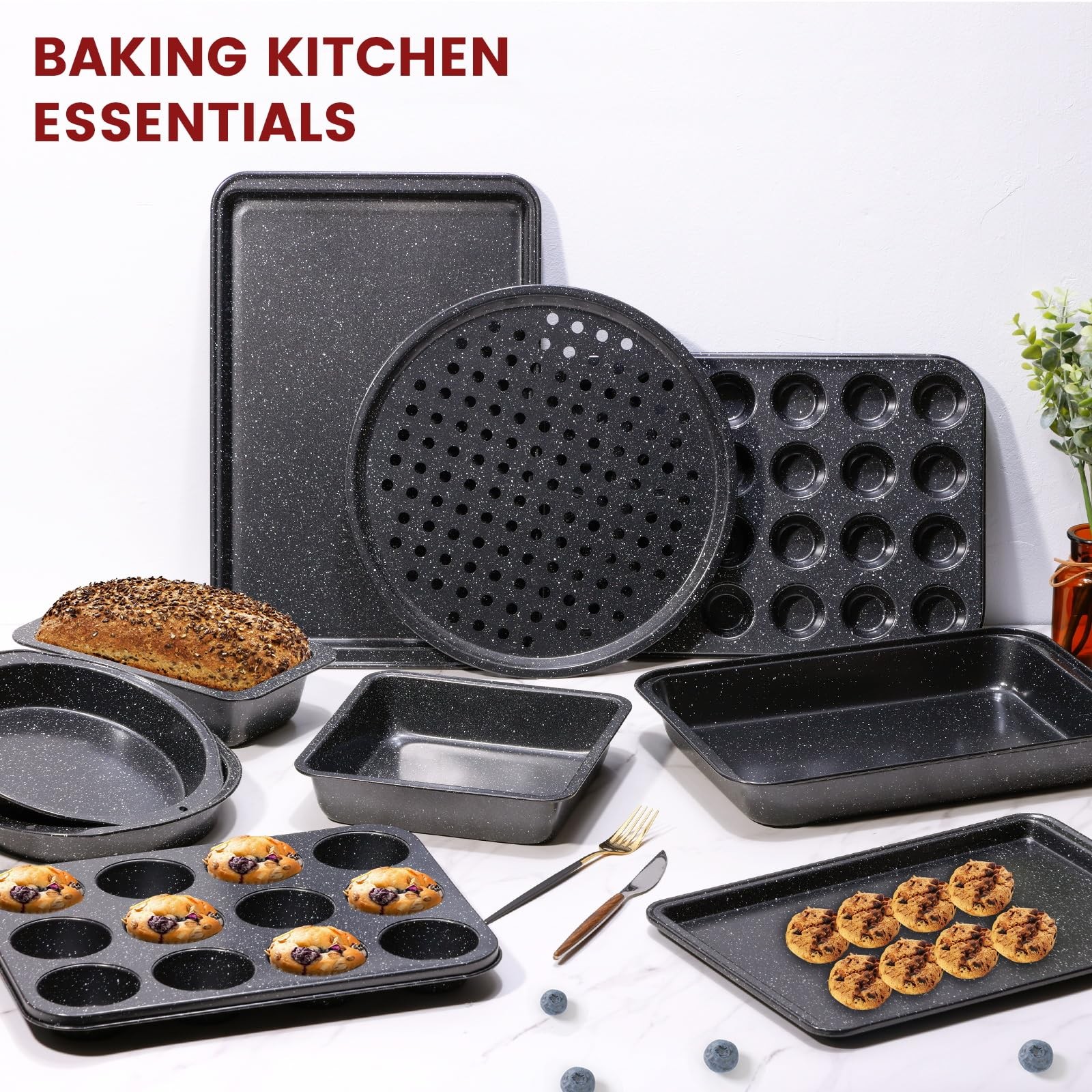 Terlulu 10-Piece Baking Pans Set, Bakeware Sets Nonstick, 10 Piece Black