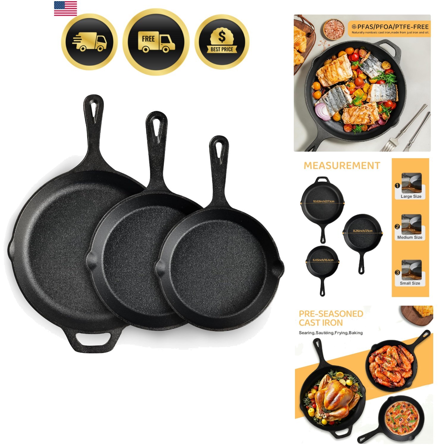 Cast Iron Skillet 3-Piece Set, Heavy-Duty Professional Restaurant Chef Qualit…