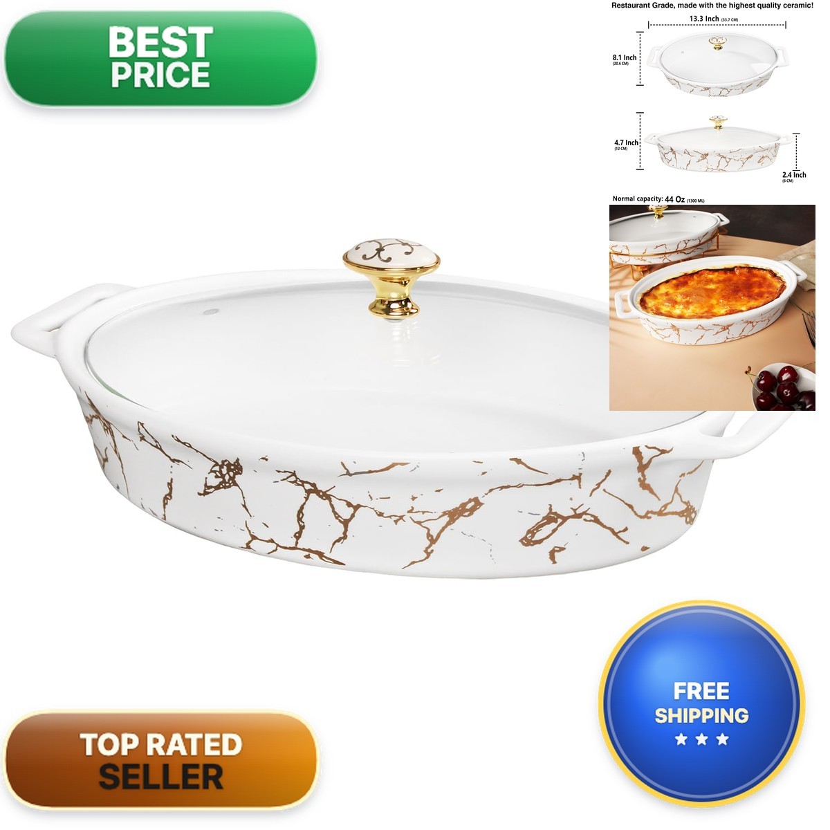 Creativity Home 11 X 7 Ceramic Casserole Baking Dish Glass Cover Lasagna Pan