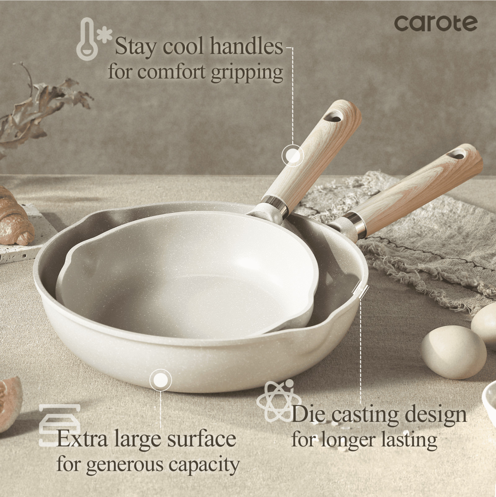HOT SALES-CAROTE 24 Pcs Granite Nonstick Cookware Set Pots Pans Beige Detachable