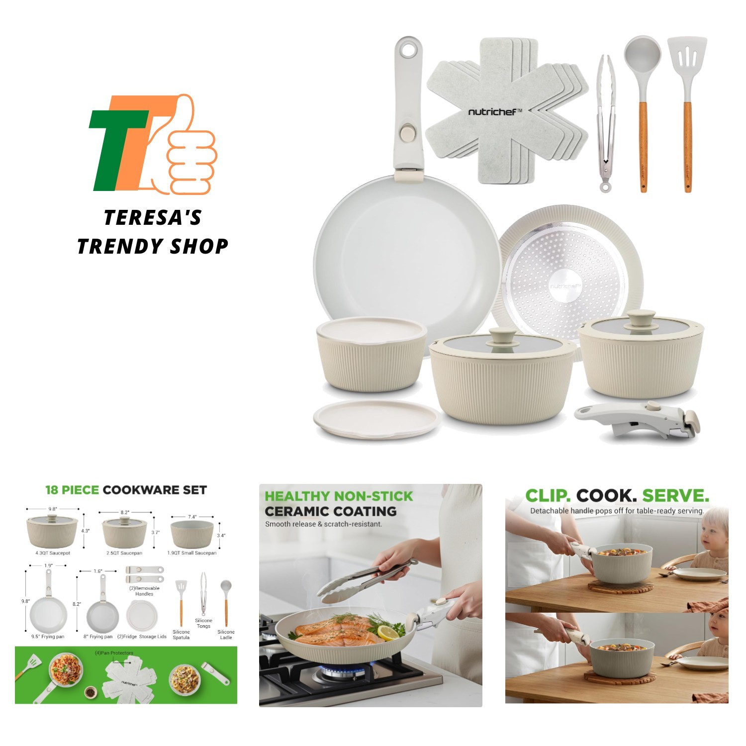 Elegant 18-Piece Ceramic Cookware Set with Detachable Handles – Non-Stick Green