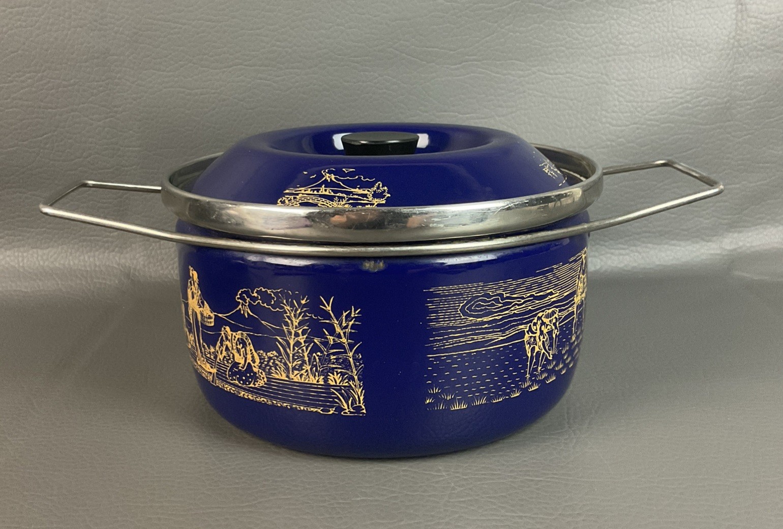 Siltal Cookware Italy Blue Steel Porcelain Enamel Pot W/ Lid RARE Mid Century