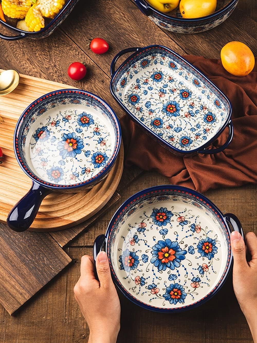 Blue and Orange Flower Vintage Style Ceramic Bakeware 20 OZ, BlueOrangeFlower