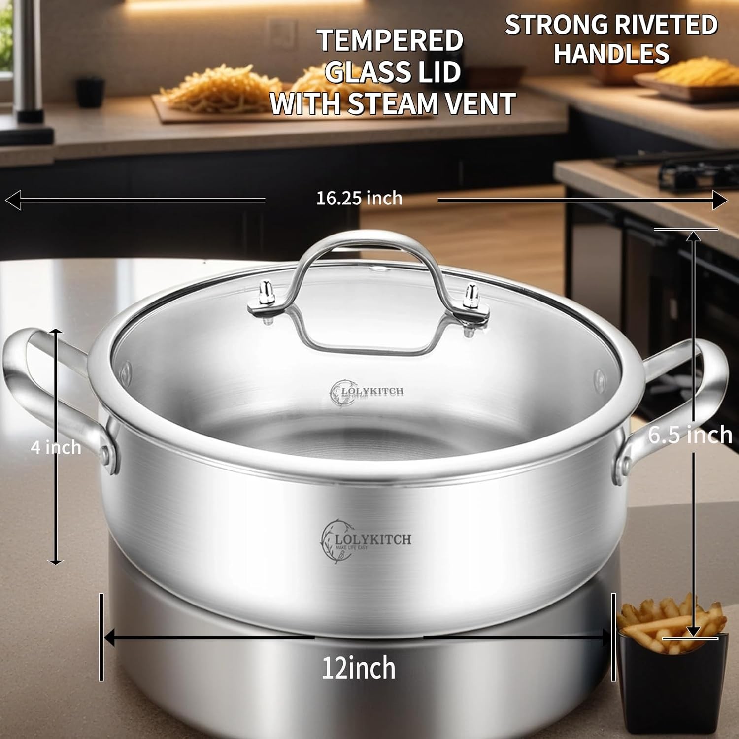 LOLYKITCH 7 Quarts Tri-Ply Stainless Steel Sauté Pan with Lid,12 7 QT, Silver
