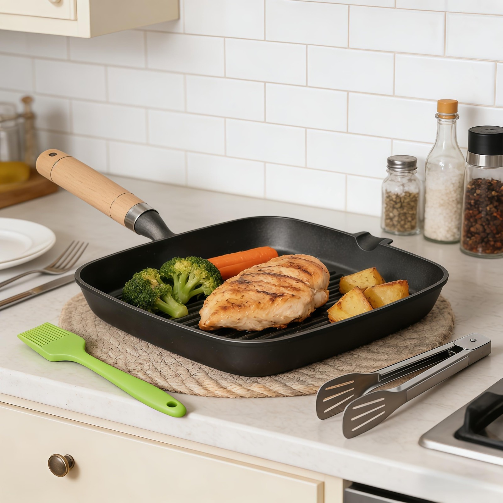Komost 9 Inch Cast Iron Grill Pan for Stove Top, Square Skillet Griddle Pan w…