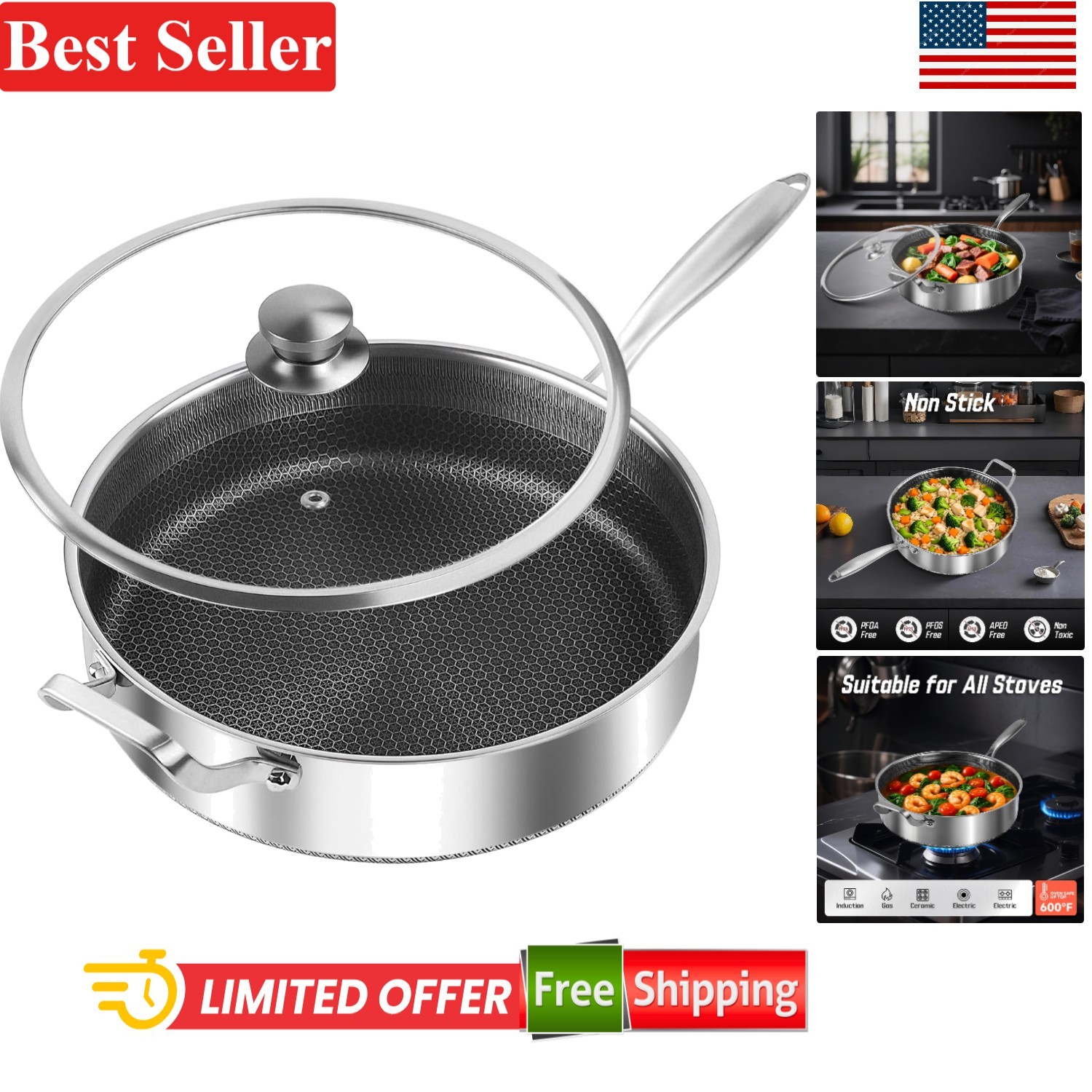 Nonstick Saute Pan with Lid 13.5 Inch 8 Quart Stainless Steel Compatible with…