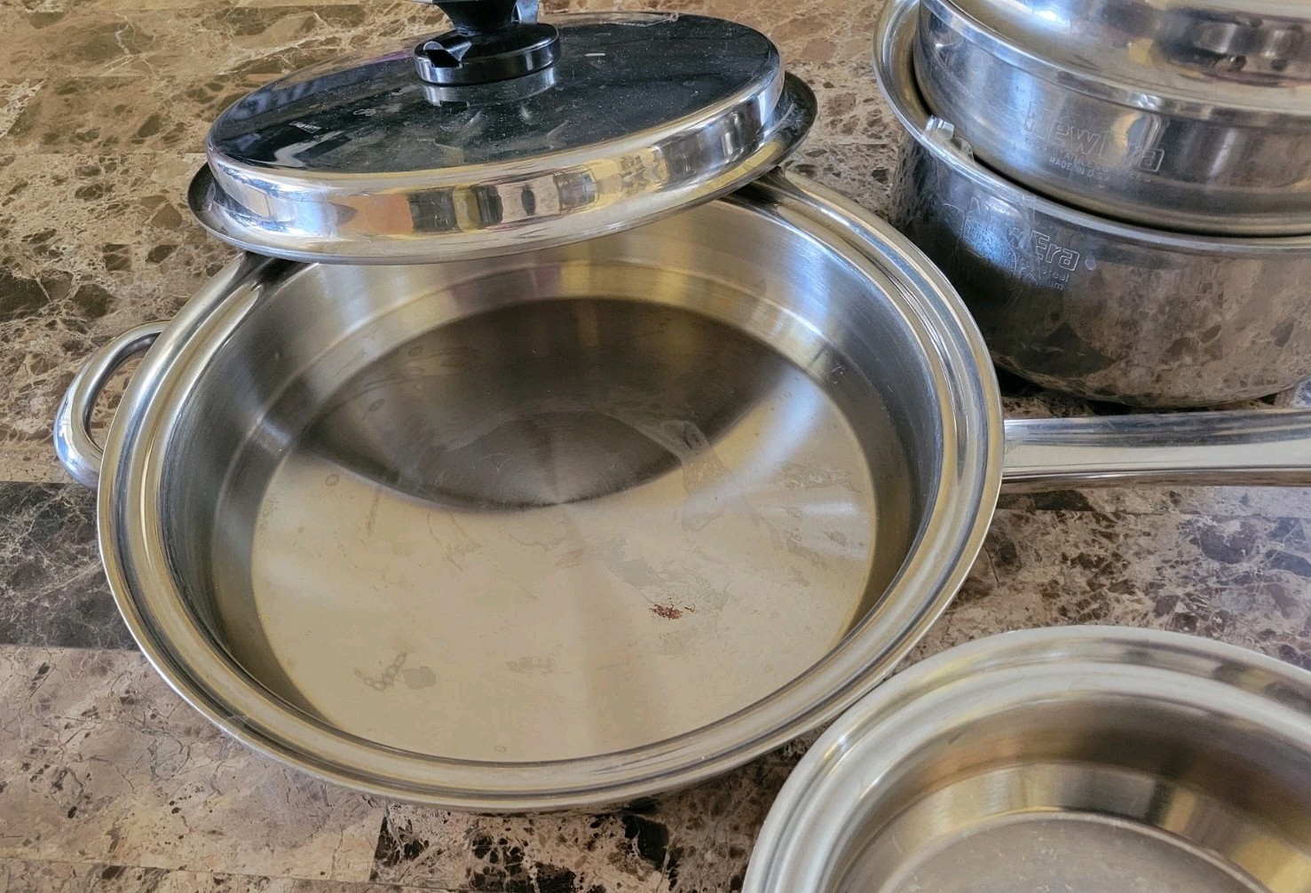 New Era 7 Ply Stainless Cookware 6 pcs Set T304 3qt + Steamer 1qt 2 Lids Skillet