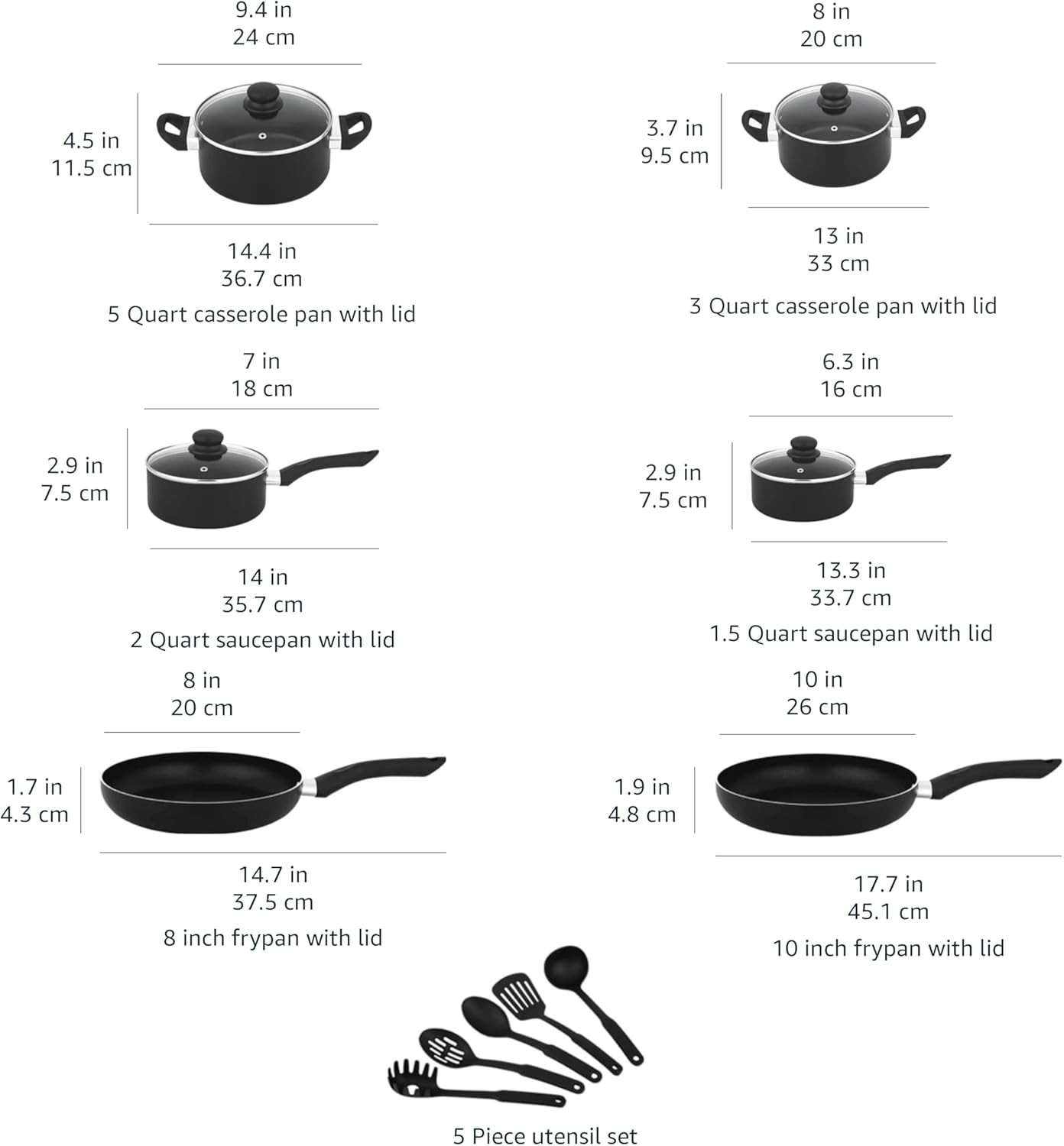 AmazonBasics 15-Pc Nonstick Cookware Set w/ Pots Pans & Utensils Black