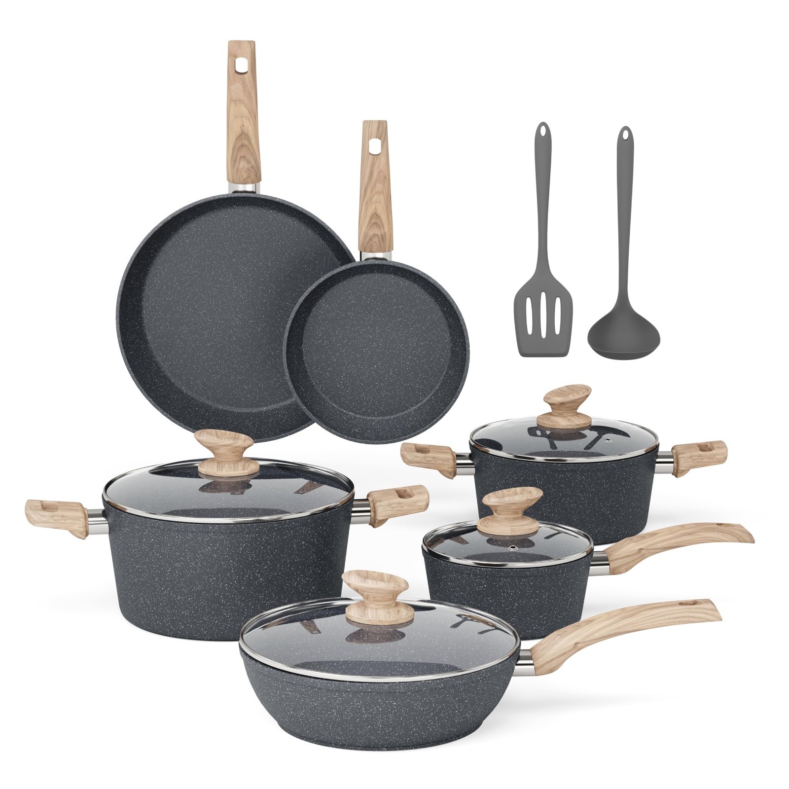 Pots and Pans Set Non Stick , 12 Piece Green Granite Induction Compatible , Gray