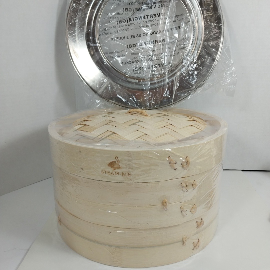 2-Tier Steam-Me Bamboo Steamer Basket 10″ With Stainless Steel Ring Adapter NEW
