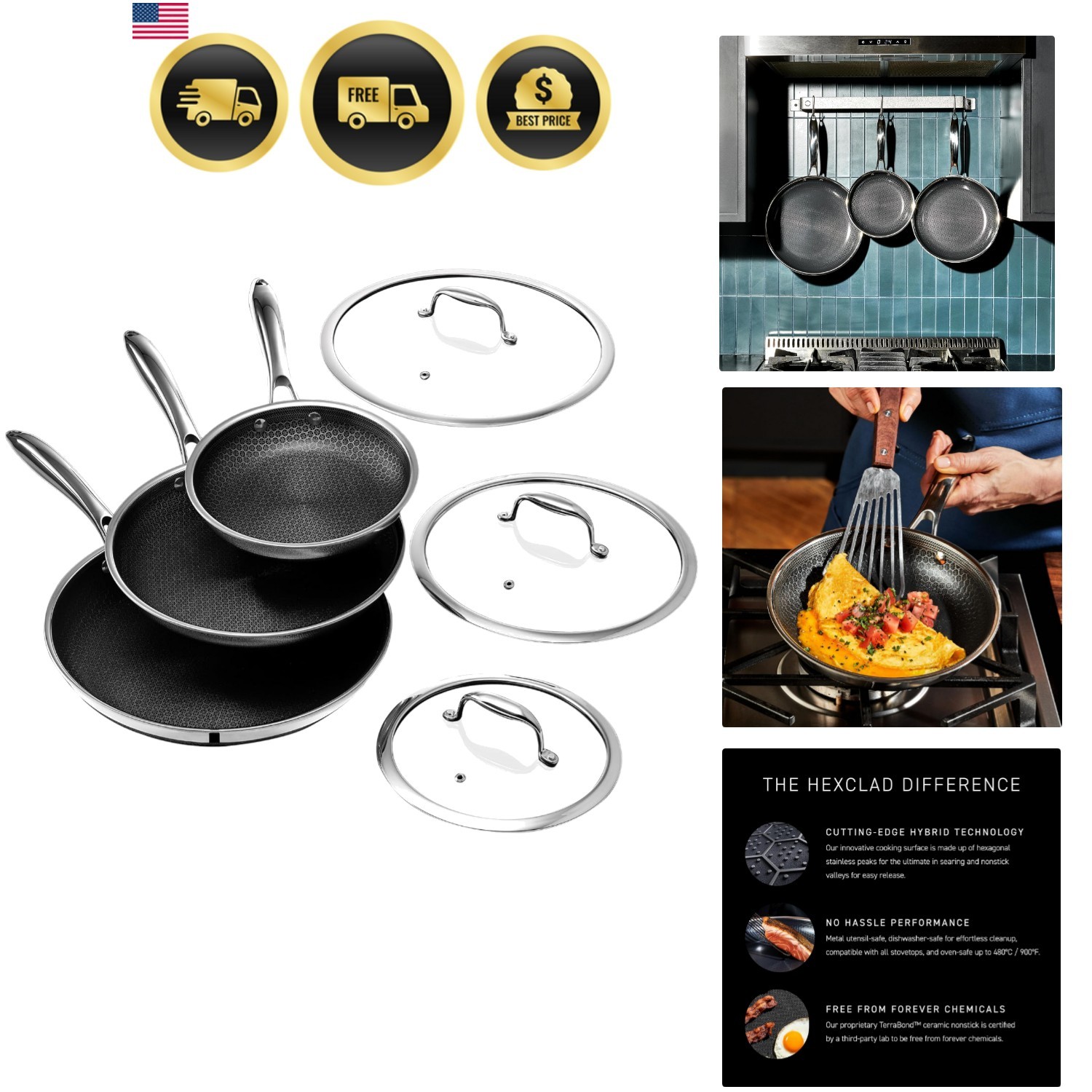 6 Piece Hybrid Nonstick Frying Pan Set, 8, 10 and 12-Inch Frying Pans with Li…