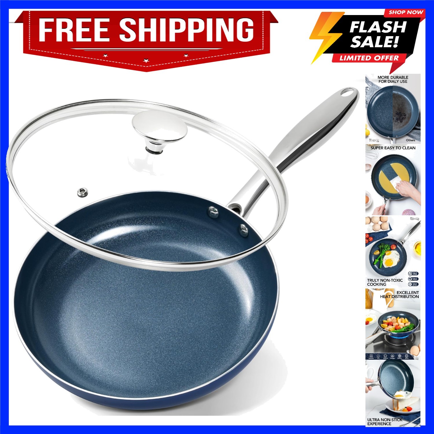 10 Inch Frying Pan with Lid, Blue Frying Pan with Nonstick Diamond Infused Co…
