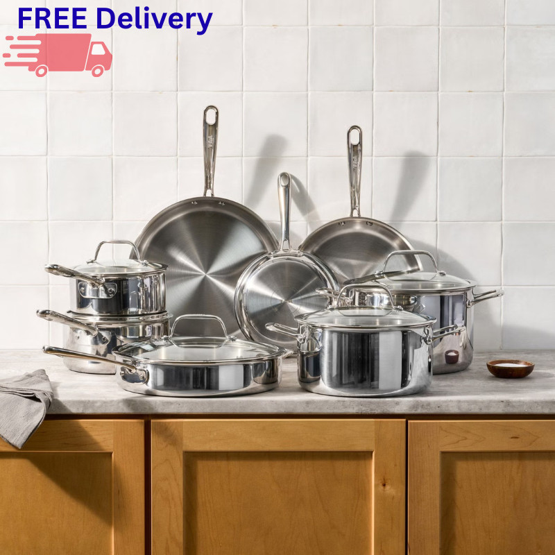 T-fal 13 Piece Tri-Ply Stainless Steel Cookware Set Pots Pans Stockpot Dutch Ove