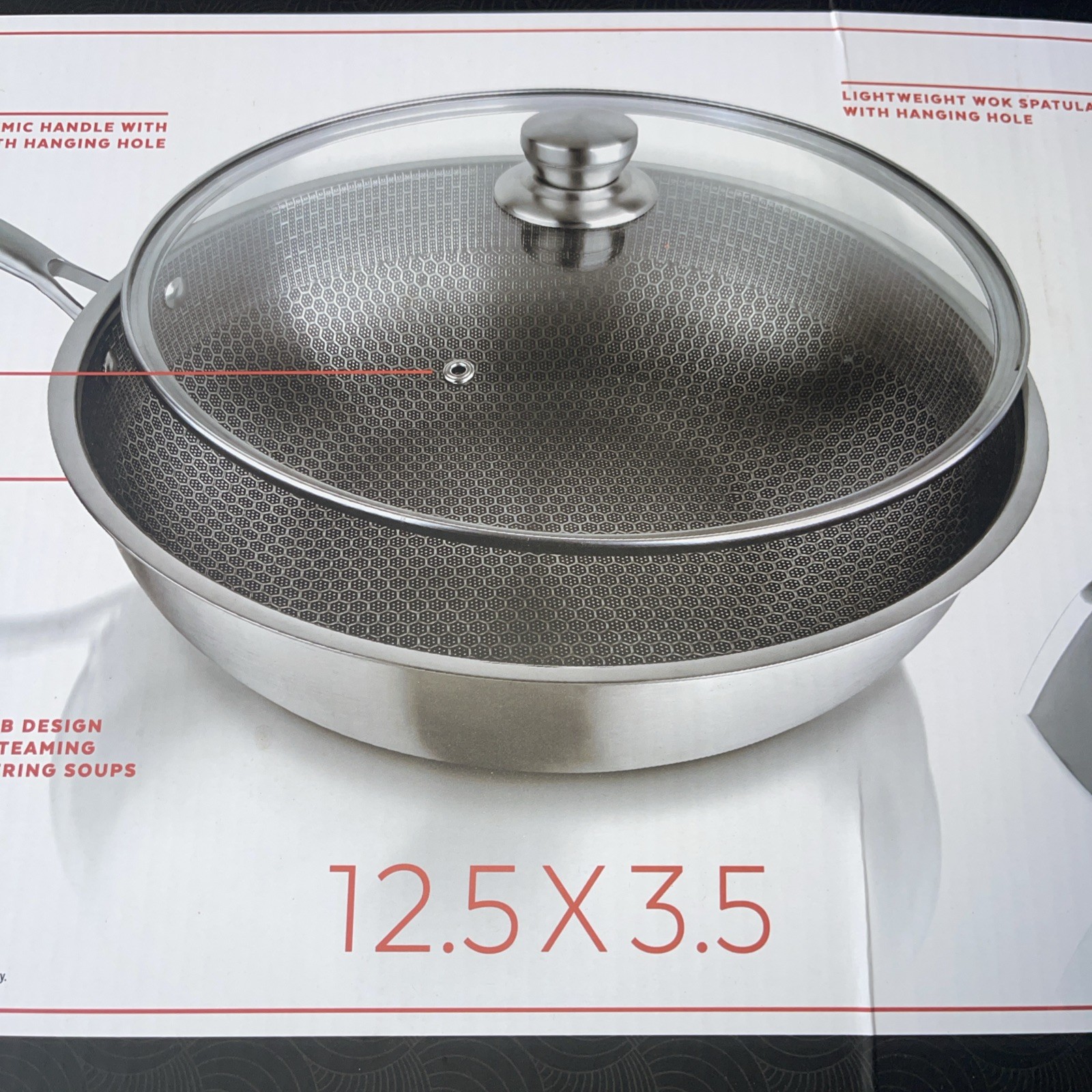 Parini 12.5″ Stainless Steel Non-Stick WOK Pan W/Glass Lid & Spatula New In Box