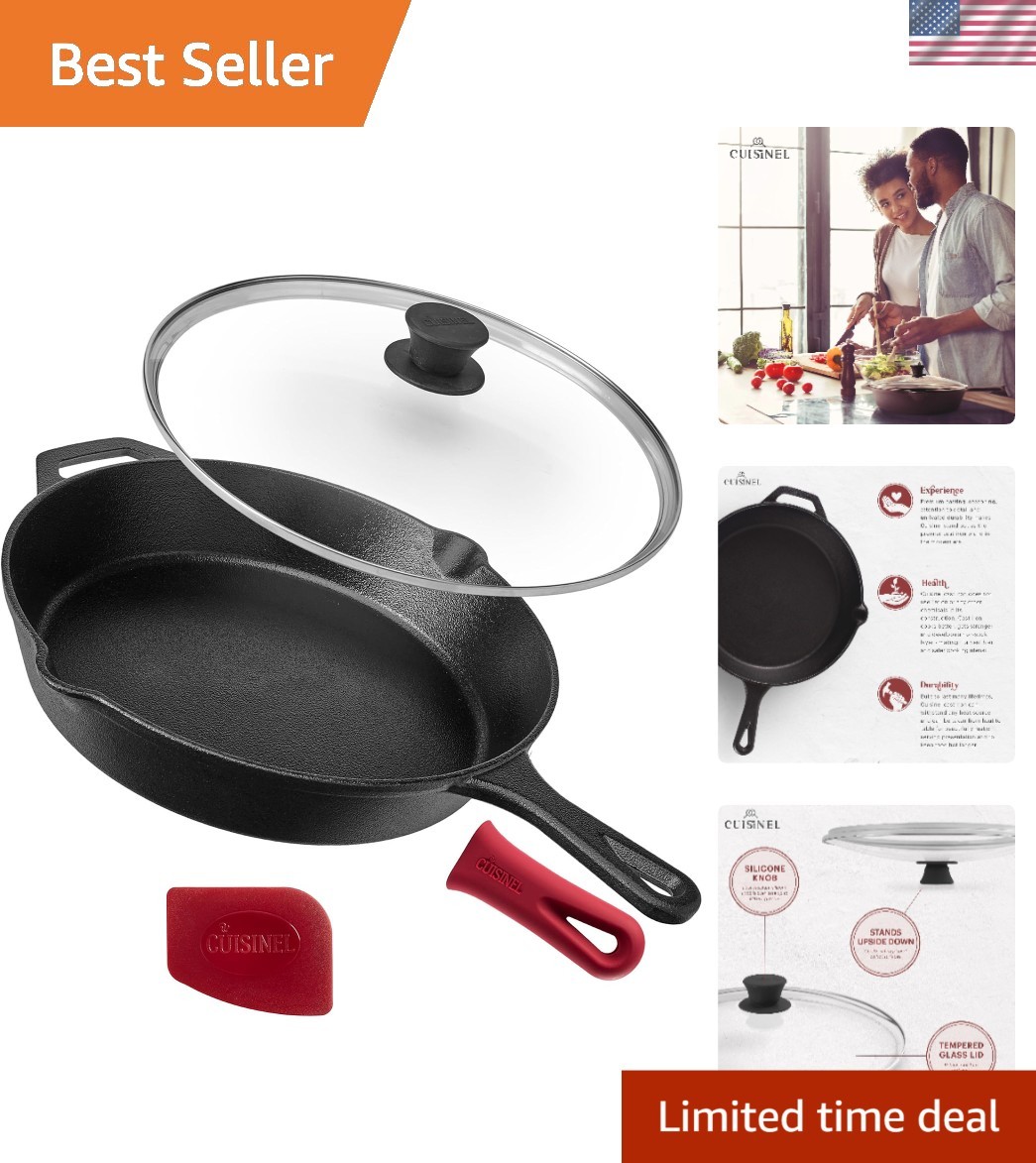 Oven Safe 12-Inch Cast Iron Skillet with Essential Glass Lid and Silicone Holder