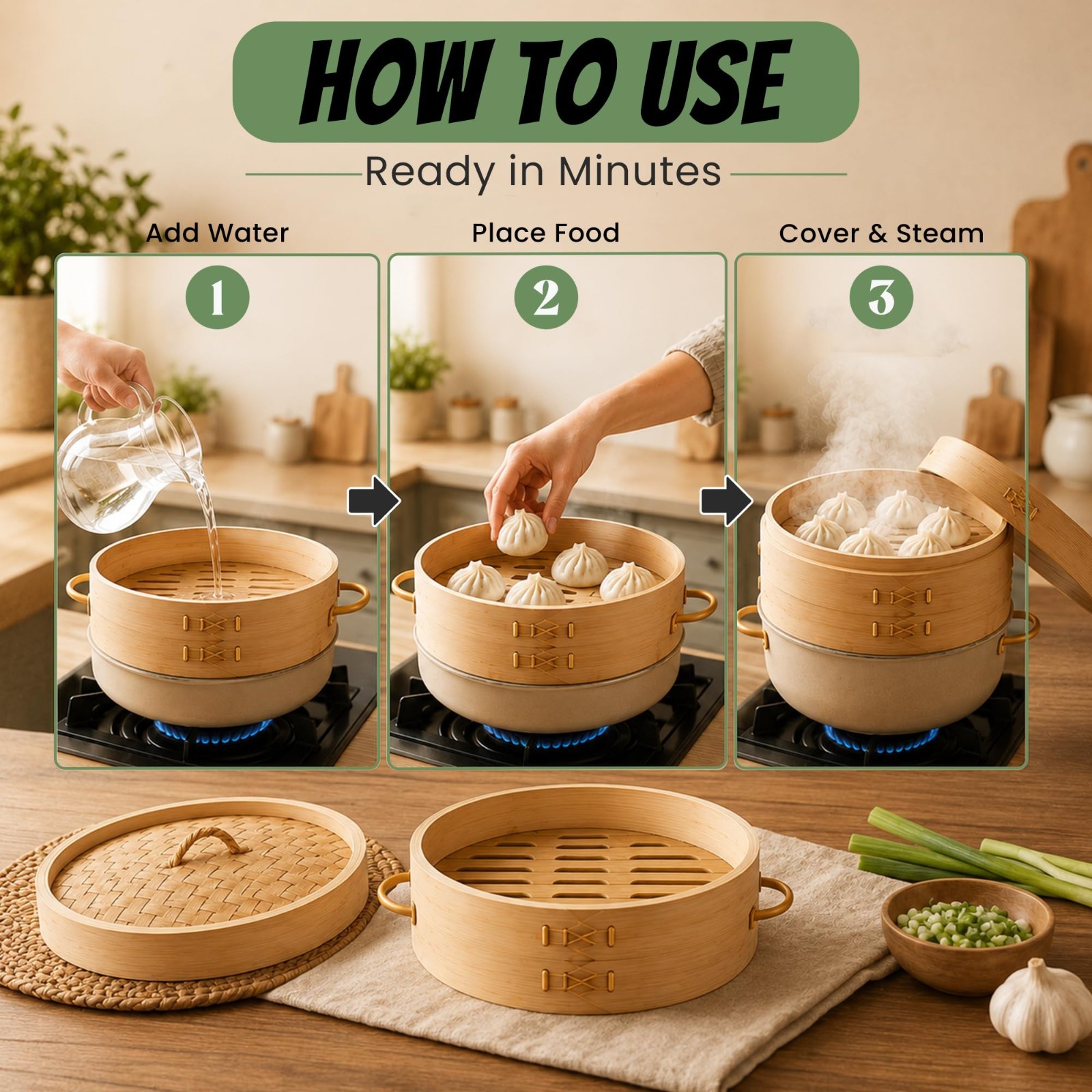 10″ 2-Tier Bamboo Steamer Basket for Dumplings, Dim Sum & Asian Cuisine, Silicon