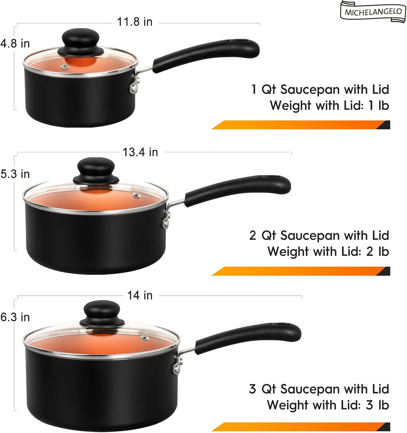 MICHELANGELO Nonstick Sauce Pan with Lid 1QT, 2QT & 3QT, Ceramic Saucepan Set, C