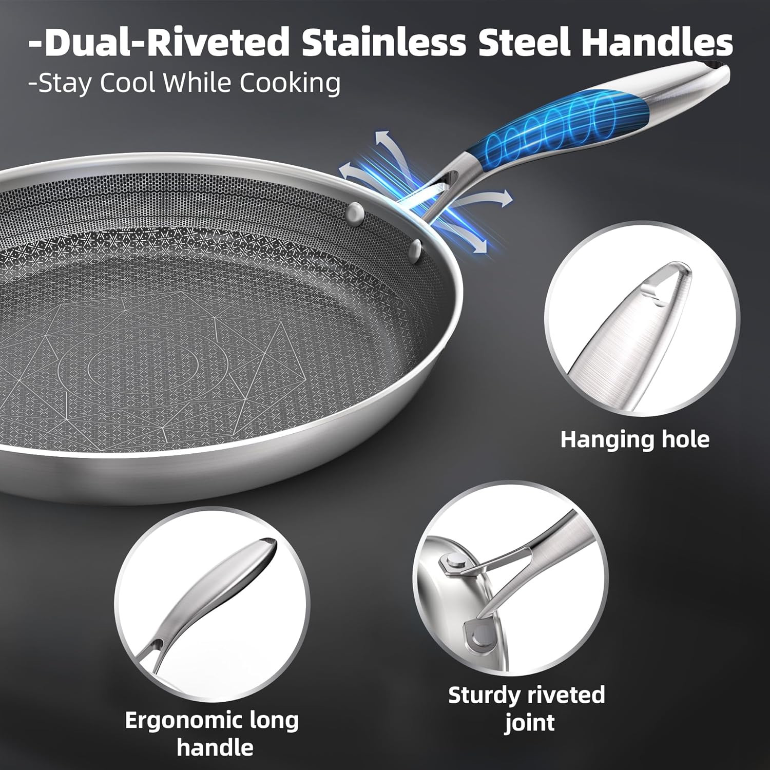 COOKING KING 8-Inch Stainless Steel Pan, Hybrid Nonstick Frying Pan, Skillet, 3-