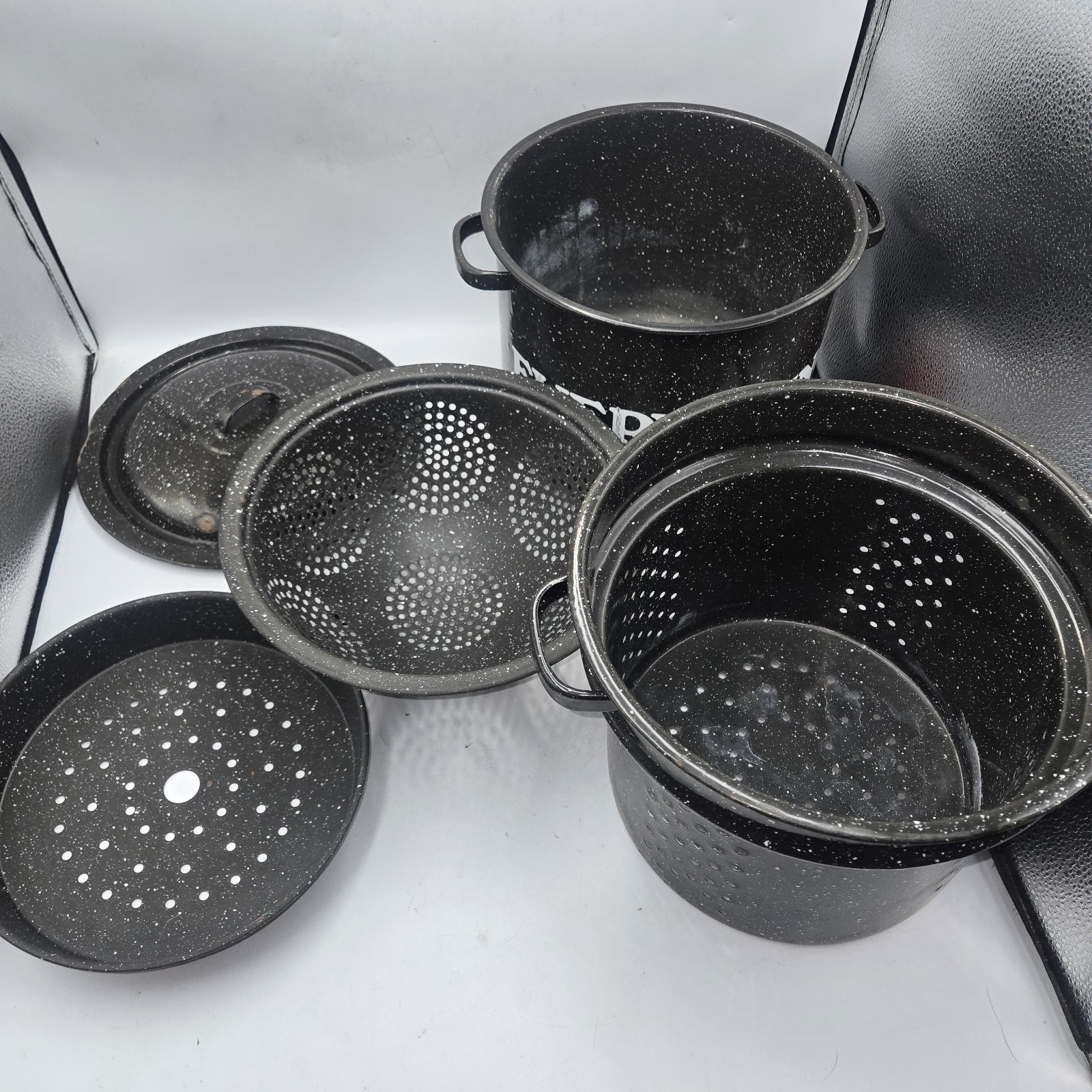 Enamelware 5 Piece Double Boiler Steamer Stock Pot Black Speckled Everything